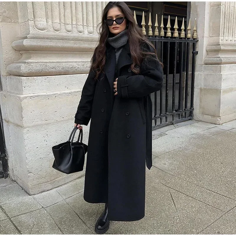 Wool Coat Peacoat - Elegant Grey Belt Long Faux Wollen