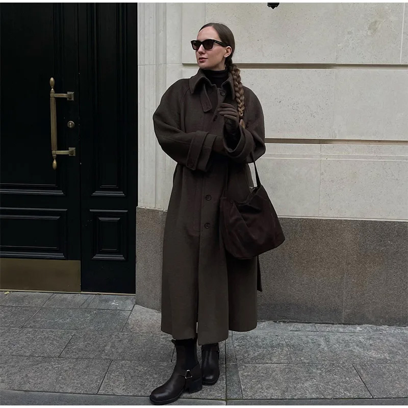 Elegant Grey Belt Long Faux Wo - đánh giá và giá Wool Coat Peacoat