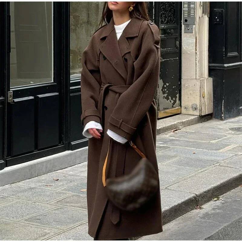 Elegant Grey Belt Long Faux Wo - đánh giá và giá Wool Coat Peacoat
